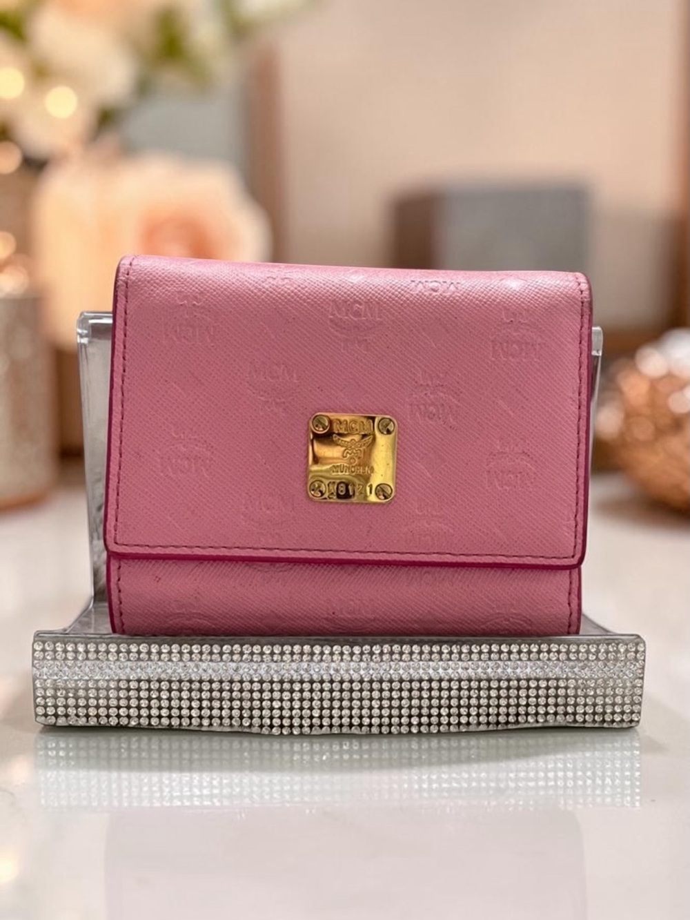 MCM Pink Logo Trifold Wallet w/ ID Window, Zip Coin Pocket, Card Slots